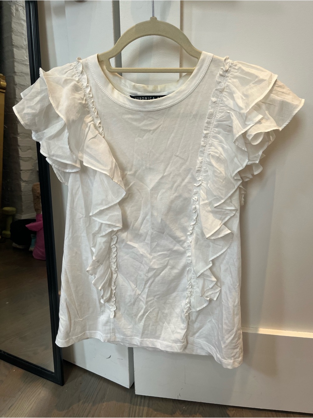 Veronica Beard White Ruffle Sleeveless Top
